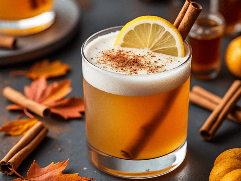 Whiskey Sour garnished with cinnamon stick and lemon in a rustic fall setting.