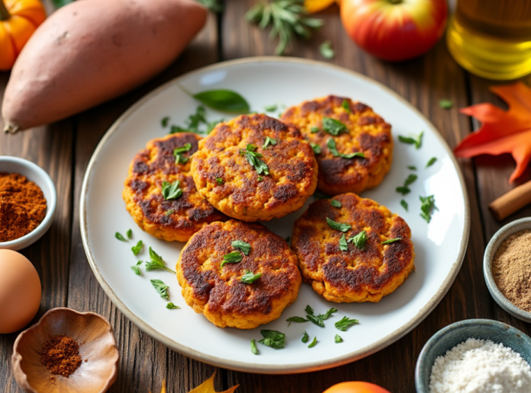 Sweet Potato and Apple Breakfast Sausage patties with a variety of fall ingredients, including sweet potatoes and apples.