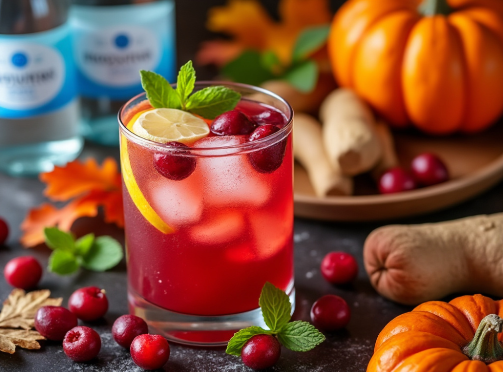 Cranberry ginger mocktail in a short glass, garnished with lemon and mint, surrounded by cranberries and fall decor.