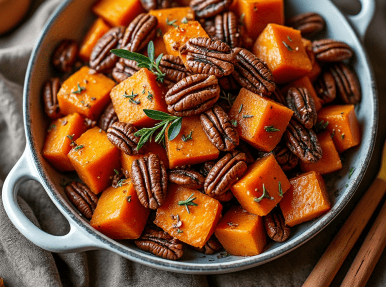 Cubed roasted sweet potatoes with pecans in a ceramic baking dish, garnished with fresh herbs.