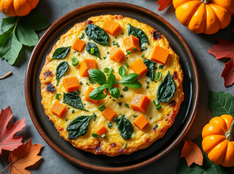 Butternut Squash and Spinach Frittata on a plate, decorated with fall-themed mini pumpkins and leaves