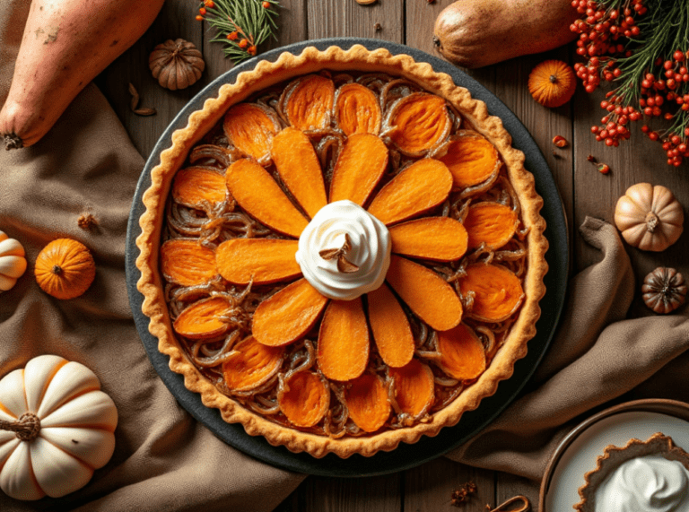 Sweet potato tart decorated with a whipped topping and surrounded by seasonal pumpkins and sweet potatoes.