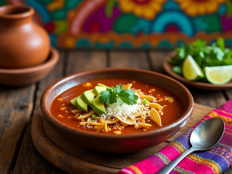 Mexican tortilla soup (Sopa Azteca) served in a traditional clay bowl with garnishes of avocado, queso fresco, and cilantro.