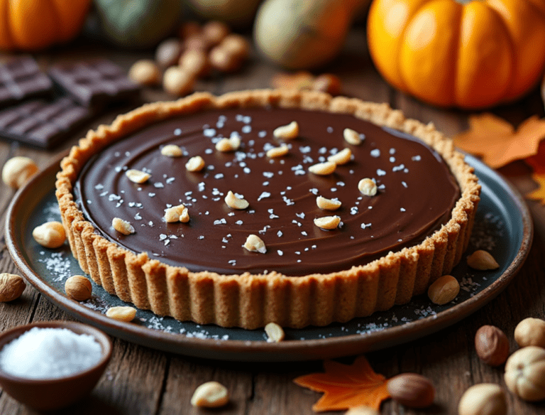 Chocolate hazelnut tart with a smooth chocolate surface topped with whole hazelnuts and a sprinkle of sea salt, styled in a fall-themed setup.