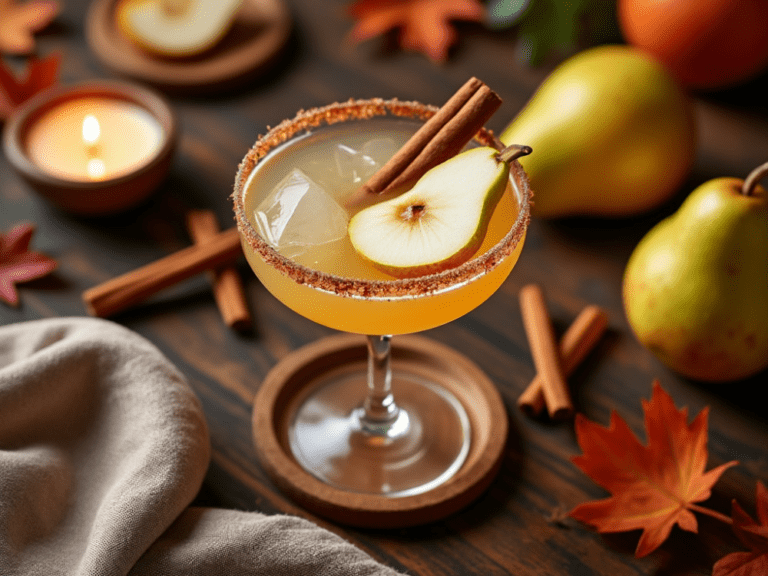 Autumn Pear Margarita in a margarita glass with cinnamon sticks, pears, and fall leaves in the background.