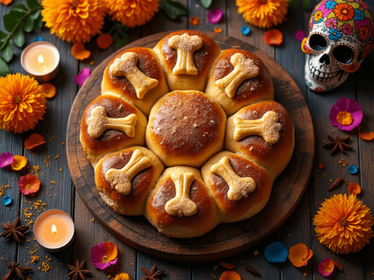 Round Pan de Muertos with bone decorations, surrounded by marigolds, candles, and festive papel picado for Day of the Dead.