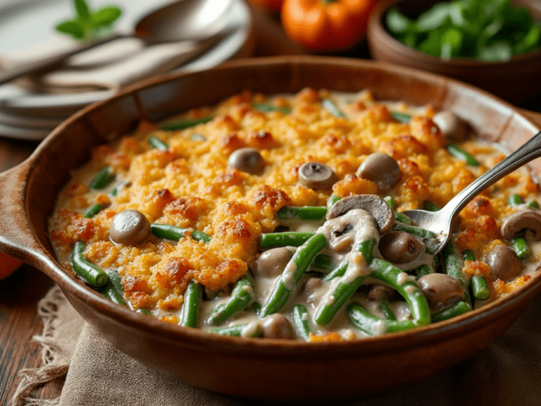 Baked Green Bean Casserole with creamy mushroom sauce and crispy onion topping, garnished with parsley