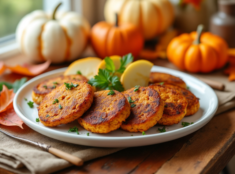 Sweet Potato and Apple Breakfast Sausages garnished with fresh parsley and served on a cozy fall-themed table.