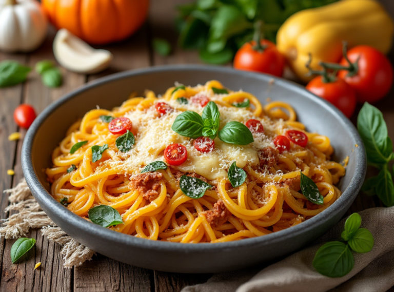 Cheesy spaghetti squash casserole served in a gray bowl, topped with cherry tomatoes, grated Parmesan, and basil leaves, surrounded by fresh ingredients.