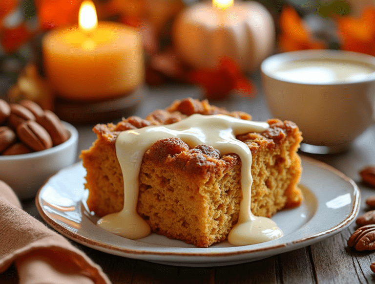 A slice of pumpkin spice bread pudding on a plate with creamy sauce, candles, and autumnal decorations in the background.