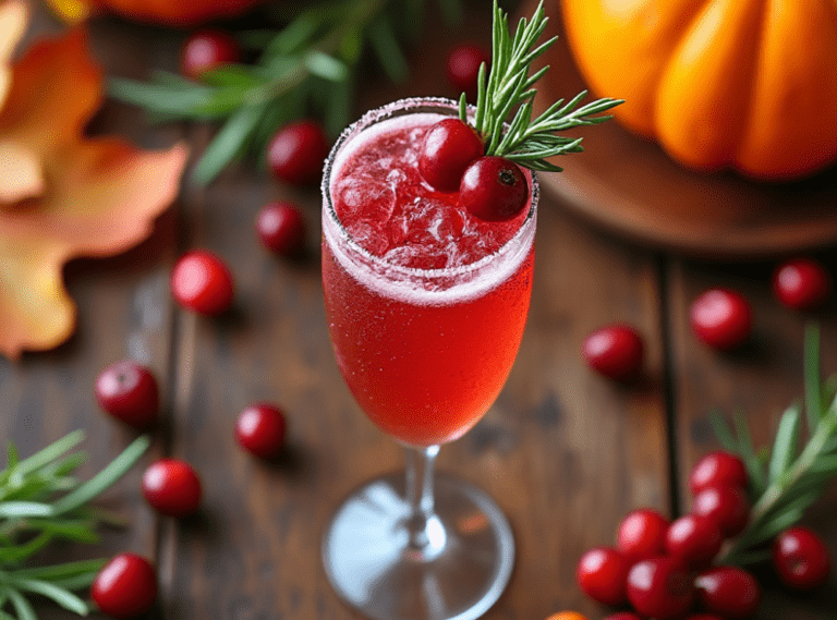 A glass of Sparkling Cranberry Mimosa garnished with rosemary and cranberries, surrounded by rustic Thanksgiving table decor.