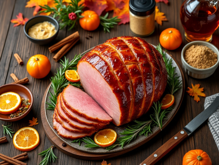 Sliced maple glazed ham surrounded by cinnamon sticks, orange slices, and rosemary on a wooden platter.