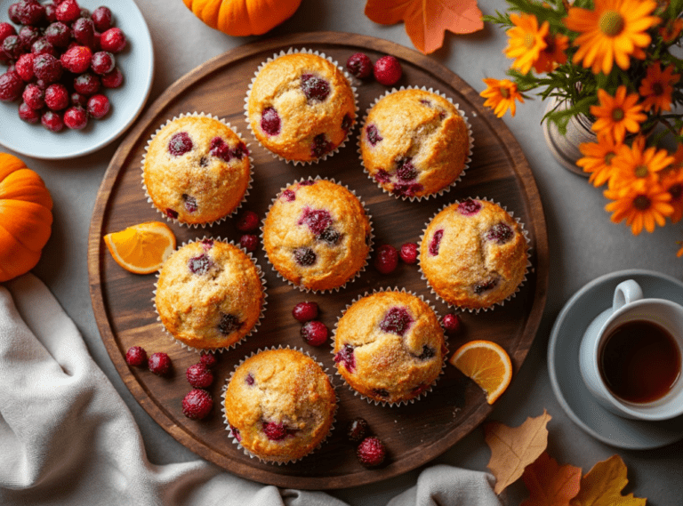 A batch of cranberry orange muffins topped with sugar, arranged with fall decorations.