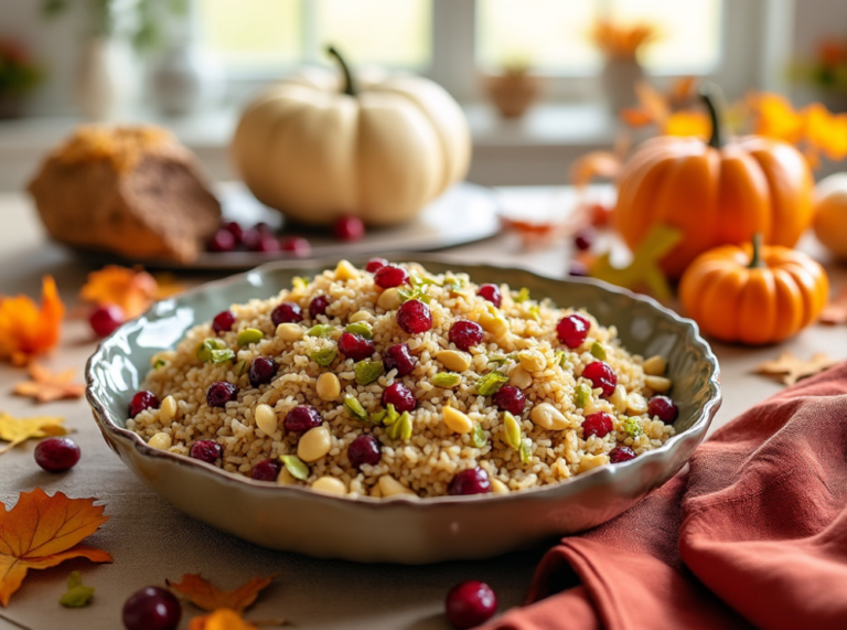 Cranberry Pistachio Wild Rice styled with pumpkins and surrounded by glowing candles on a rustic wooden table.