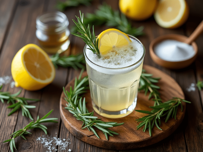 A close-up of a Rosemary Gin Fizz cocktail, highlighting its frothy top and fresh garnishes.