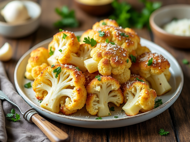 A side view of golden roasted cauliflower seasoned with garlic and parmesan, served with parsley garnish.