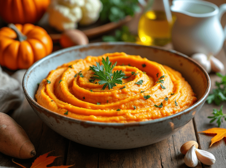 A bowl of Sweet Potato and Cauliflower Mash garnished with parsley, placed on a wooden table with garlic and mini pumpkins.