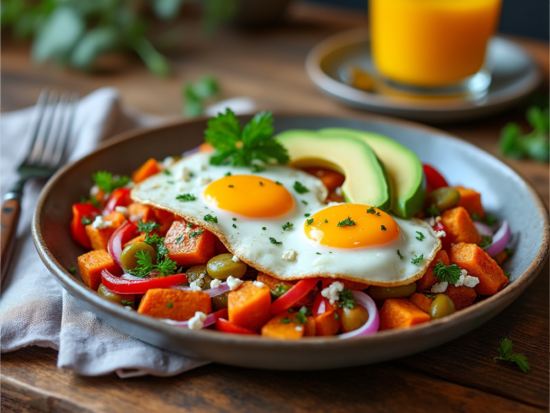 A vibrant breakfast spread featuring Sweet Potato Hash with Eggs, fresh avocado slices, and colorful vegetables.