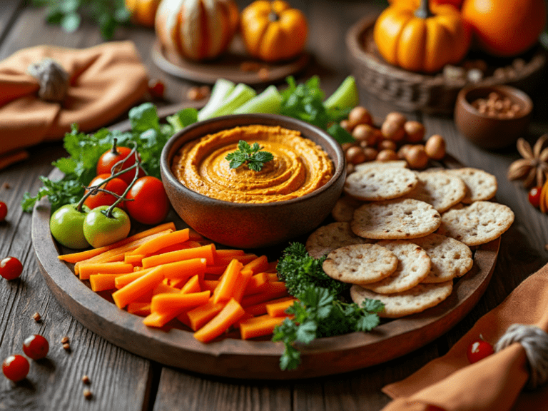 A dark platter of pumpkin hummus surrounded by carrots, celery, and crackers with mini pumpkins in the background.