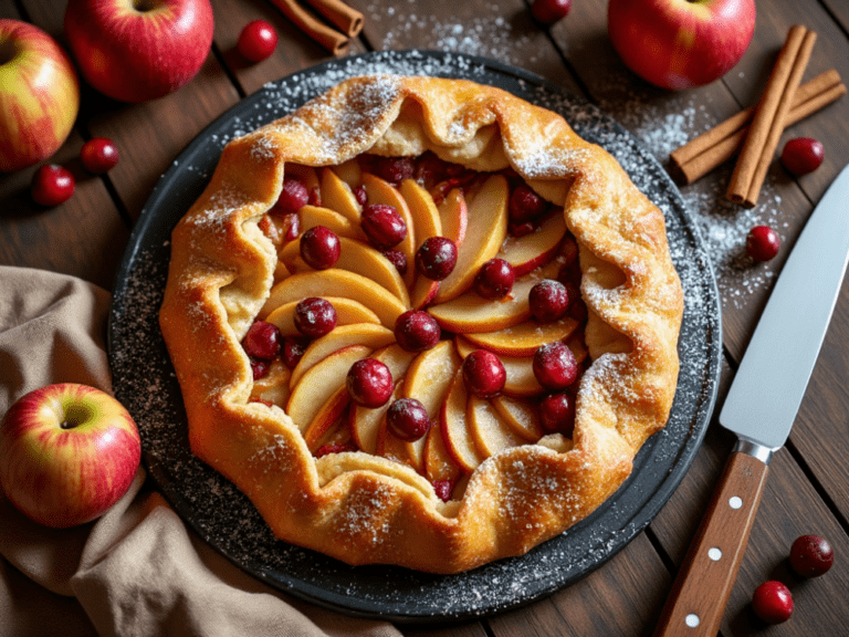 Freshly baked Apple and Cranberry Galette dusted with powdered sugar, knife, and napkin nearby.