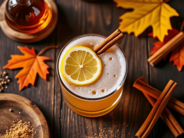 Top view of Cinnamon Maple Whiskey Sour garnished with cinnamon and lemon, surrounded by fall leaves.