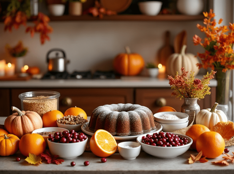 A finished Cranberry Orange Bundt Cake garnished with fresh cranberries, surrounded by Thanksgiving decor.