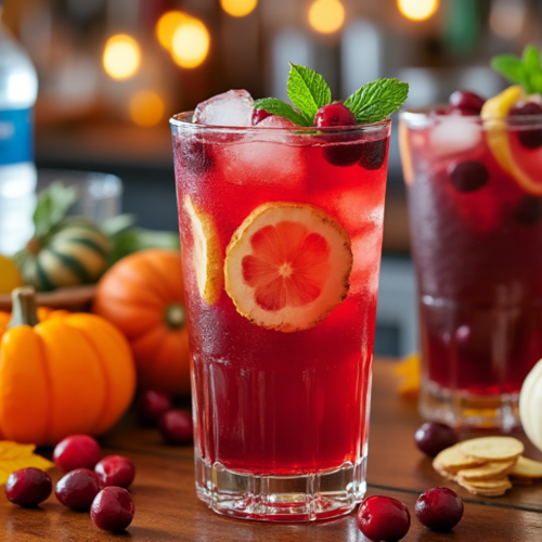 Tall glasses of cranberry ginger mocktail with lemon slices and mint, surrounded by mini pumpkins and cranberries.