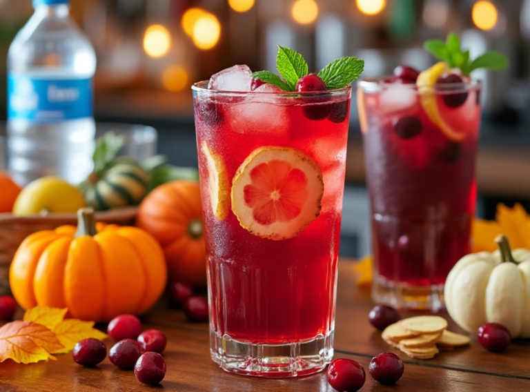 Tall glasses of cranberry ginger mocktail with lemon slices and mint, surrounded by mini pumpkins and cranberries.