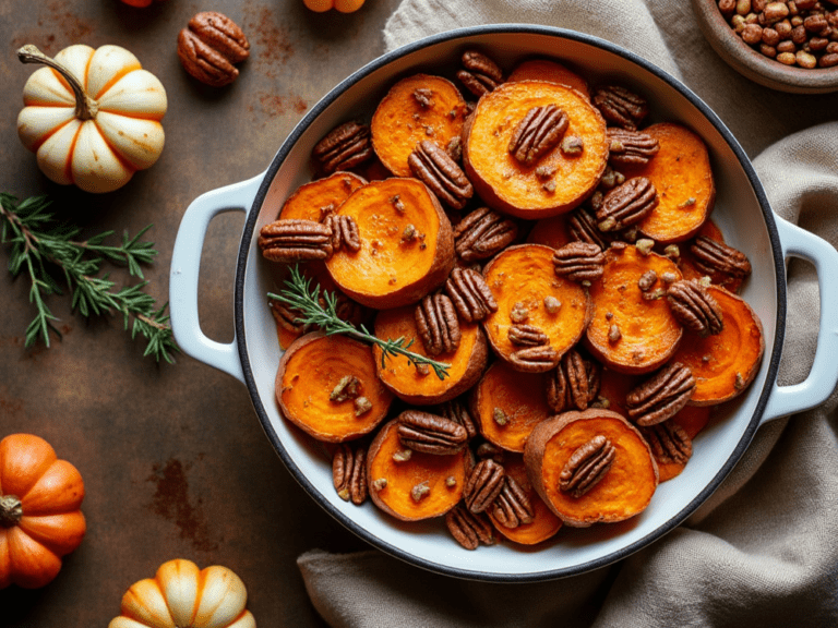 Baked sweet potato rounds with pecans in a white pan, surrounded by mini pumpkins and fresh rosemary sprigs.