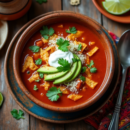 A bowl of Sopa Azteca with toppings including shredded cheese, avocado slices, and fresh cilantro.