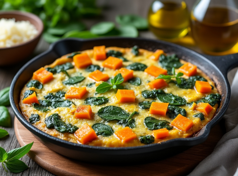 Butternut Squash and Spinach Frittata in a black skillet with fresh spinach leaves and cheese