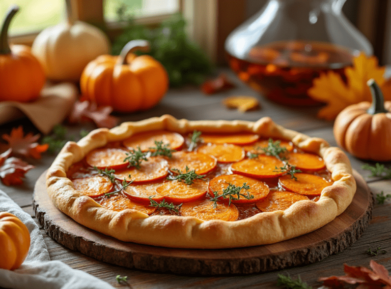 Caramelized onion and sweet potato galette topped with fresh thyme and surrounded by pumpkins and fall leaves.