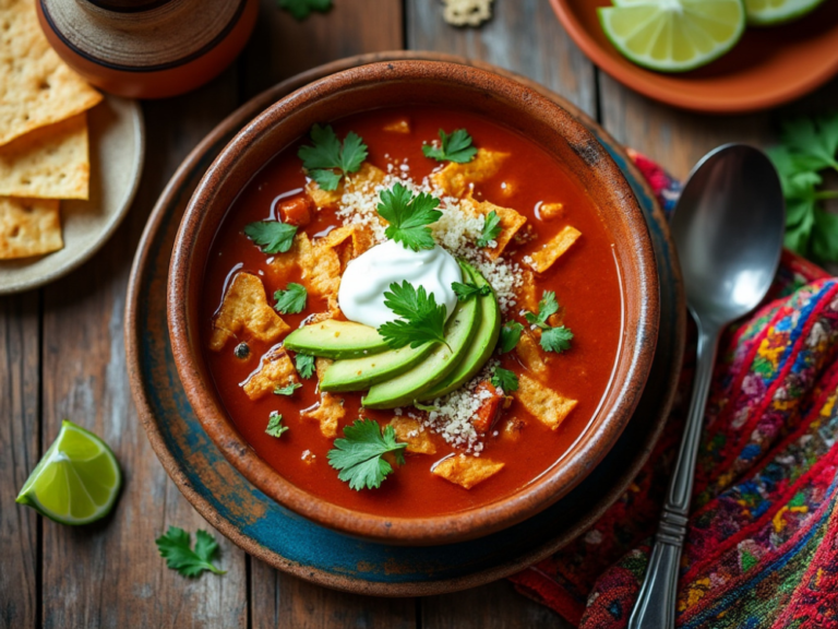 A bowl of Sopa Azteca with toppings including shredded cheese, avocado slices, and fresh cilantro.