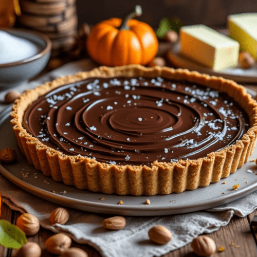 Chocolate hazelnut tart with scattered hazelnuts and sea salt on a wooden background with pumpkins, chocolate pieces, and butter in the background.