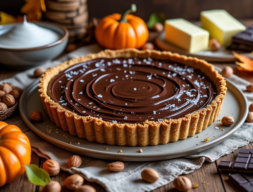 Chocolate hazelnut tart with scattered hazelnuts and sea salt on a wooden background with pumpkins, chocolate pieces, and butter in the background.