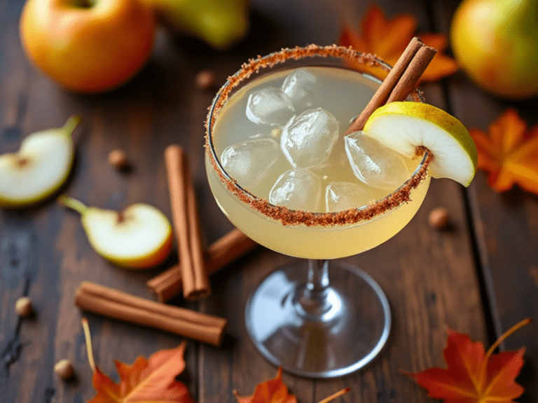 Autumn Pear Margarita garnished with cinnamon and pear, served with fall decor on a rustic wooden table.