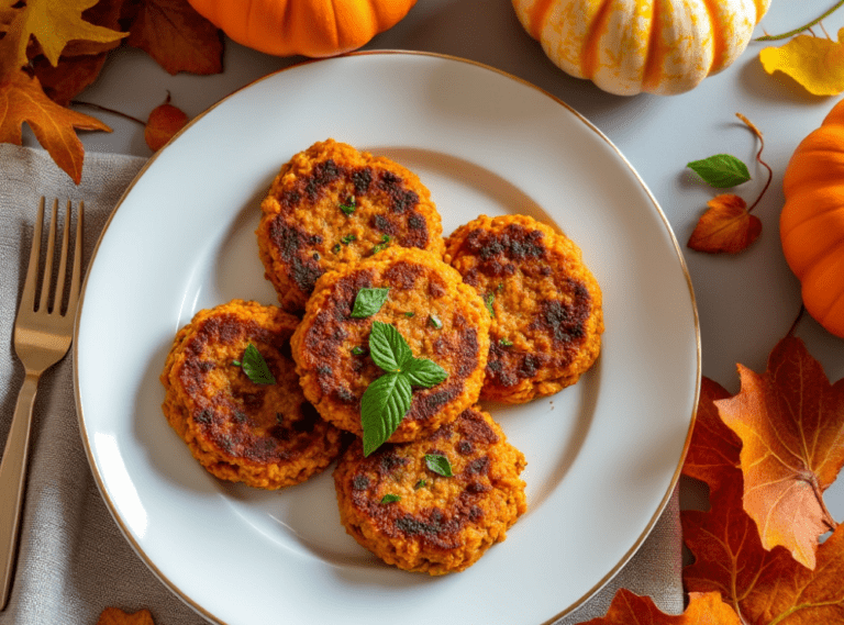 A plate of Sweet Potato and Apple Breakfast Sausages on a white plate, garnished with fresh herbs.