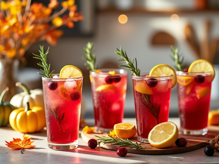 Cranberry rosemary lemonade in tall glasses with lemon and rosemary, set against a bright background with fall decor.