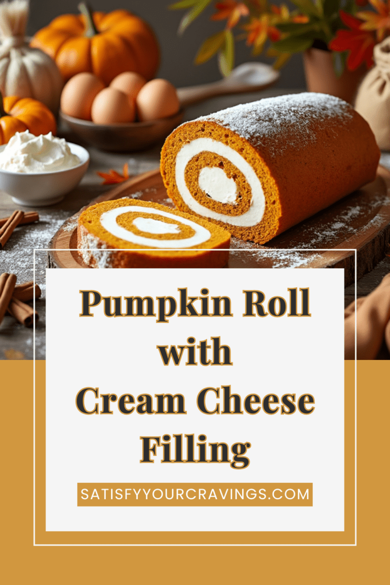 A Pinterest-style graphic of a pumpkin roll with text overlay reading "Pumpkin Roll with Cream Cheese Filling.