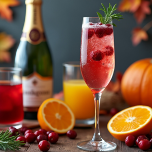 A tall glass of Sparkling Cranberry Mimosa with a rosemary sprig and cranberries, set alongside a bottle of champagne and autumn decor.