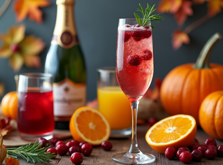 A tall glass of Sparkling Cranberry Mimosa with a rosemary sprig and cranberries, set alongside a bottle of champagne and autumn decor.