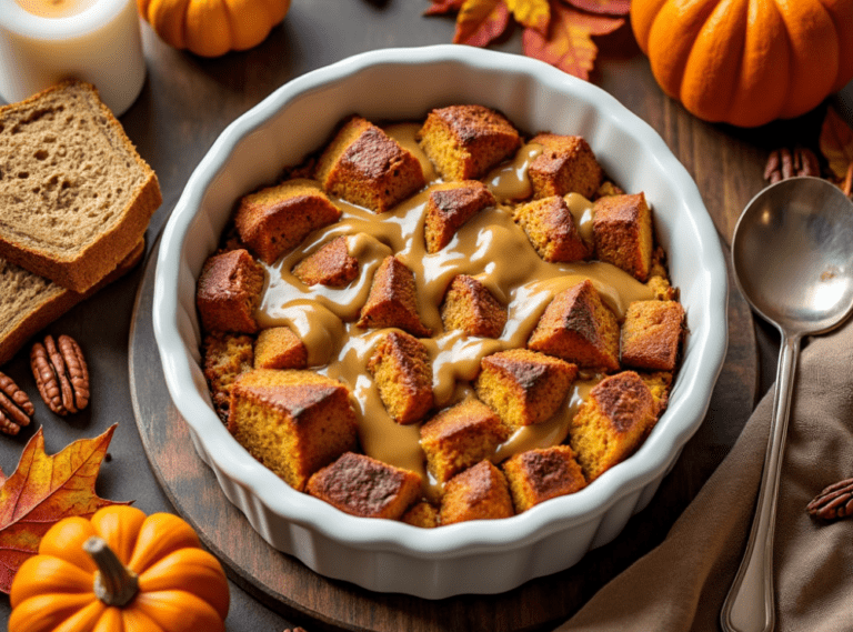 Pumpkin spice bread pudding served in a white casserole dish, drizzled with caramel sauce, surrounded by autumnal elements like mini pumpkins and pecans.