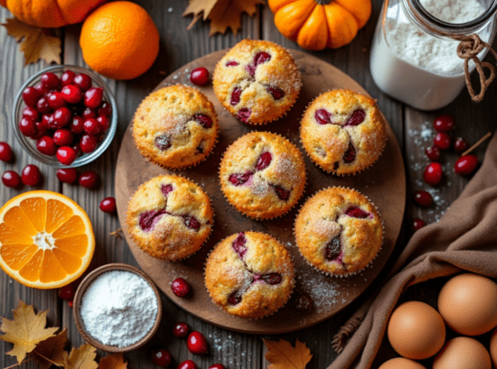 A promotional image featuring cranberry orange muffins with text encouraging readers to check out the recipe.