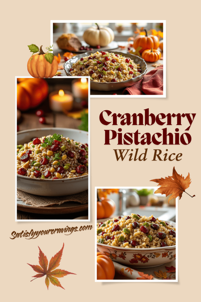 A collage of Cranberry Pistachio Wild Rice dishes styled with pumpkins, autumn leaves, and fall-themed dishware.