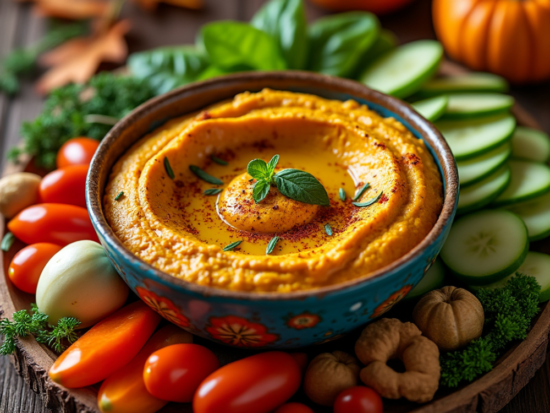 A colorful arrangement of pumpkin hummus, crackers, and fresh vegetables styled with mini pumpkins and autumn-themed decor.