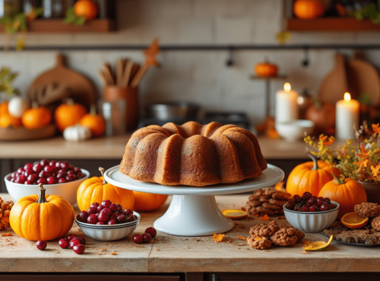 A Cranberry Orange Bundt Cake surrounded by ingredients like cranberries, oranges, and flour in a warm kitchen setting.