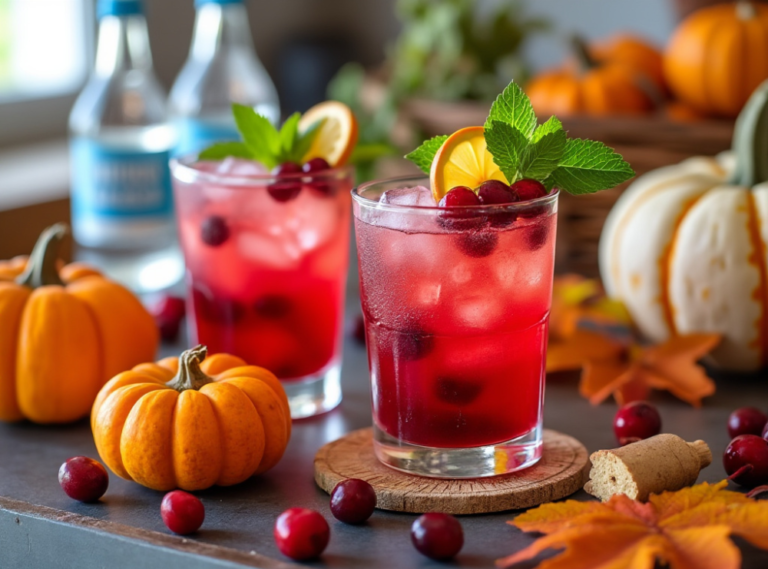 Two glasses of cranberry ginger mocktail with mint, lemon, and cranberry garnish, set among fall decor and mini pumpkins.