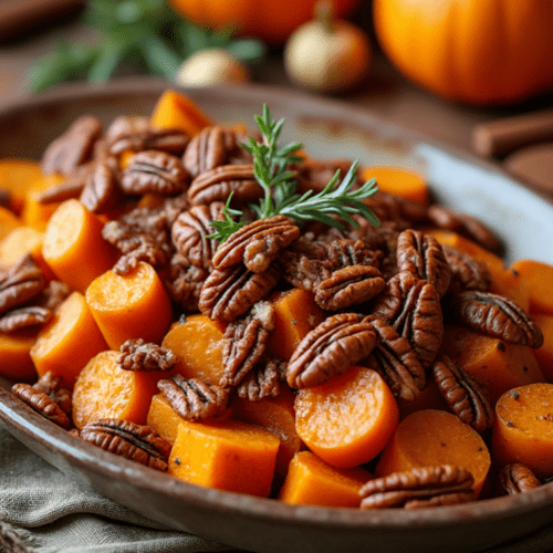 Sliced roasted sweet potatoes with pecans and a sprig of rosemary in a rustic brown serving dish.