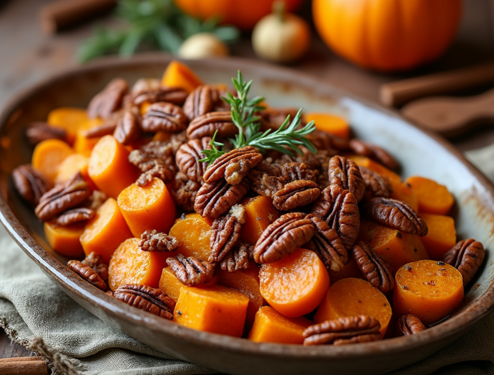 Sliced roasted sweet potatoes with pecans and a sprig of rosemary in a rustic brown serving dish.