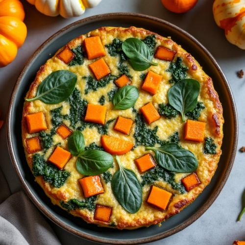 Butternut Squash and Spinach Frittata with garnishes, surrounded by small pumpkins and autumn leaves